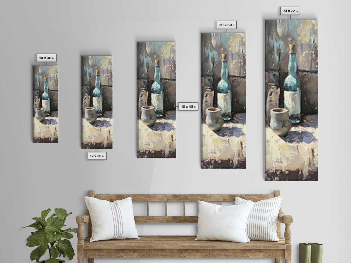 Blue Bottle And Ceramic Cup Still Life Canvas Print, Moody Kitchen Wall Art, Rustic Dining Room Decor, Coffee Bar Gift For Her