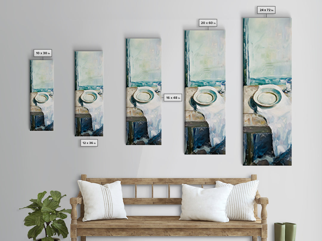 Seaside White Plate And Cup Minimalist Canvas Print, Coastal Kitchen Wall Art, Ocean View Decor, Beach House Gift For Her