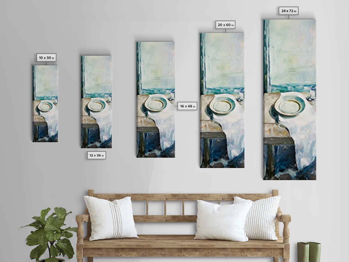 Seaside White Plate And Cup Minimalist Canvas Print, Coastal Kitchen Wall Art, Ocean View Decor, Beach House Gift For Her