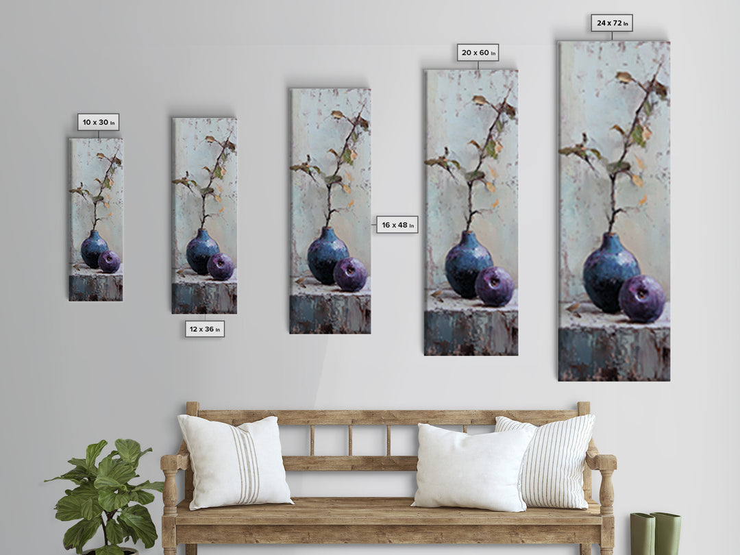 Rustic Blue Vase And Purple Fruit Still Life Wall Art, Textured Botanical Canvas Print For Kitchen And Living Room Decor