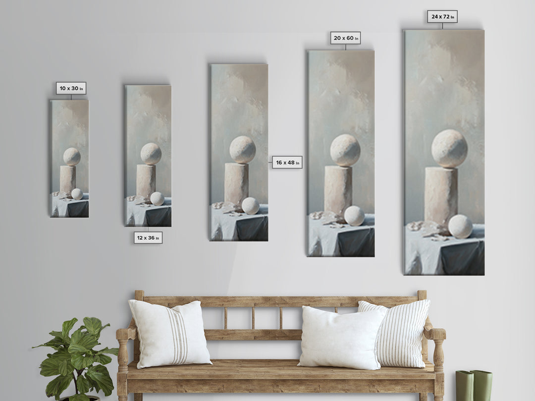 Minimalist White Sphere And Column Still Life Wall Art, Neutral Abstract Canvas Print For Modern Office Decor And Home Decor
