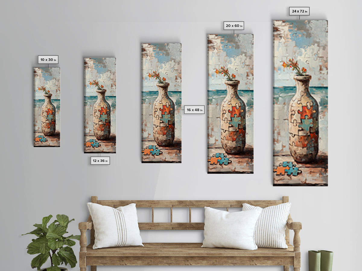 Puzzle Piece Vase With Wildflowers Canvas Print, Whimsical Wall Art, Eclectic Home Decor, Colorful Art, Statement Wall Art