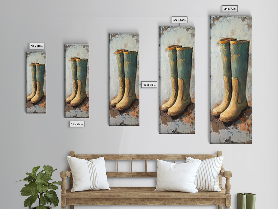 Tall Green Rain Boots Oil Painting Canvas Print, Rustic Farmhouse Decor, Country Wall Art, Mudroom Housewarming Gift For Her