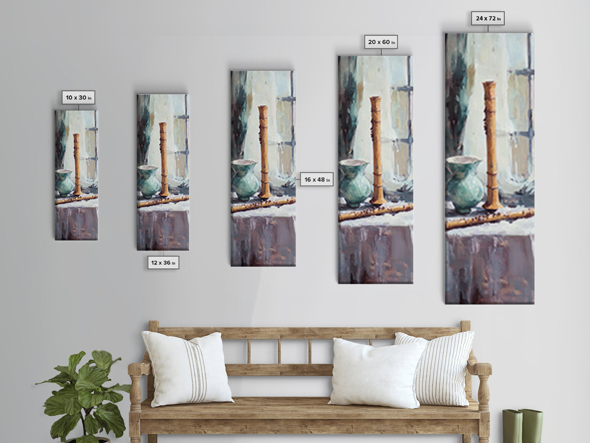 Turquoise Vase And Bamboo Flute Still Life Framed Canvas Print, Japandi Wall Art, Zen Home Decor, Calming Office Art Print