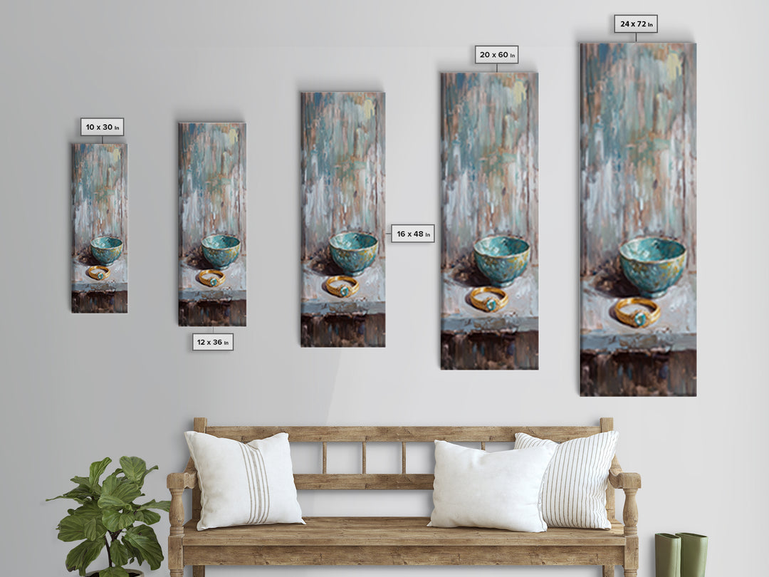 Turquoise Bowl With Gold Ring Oil Painting Canvas Print, Wabi Sabi Wall Art, Rustic Boho Home Decor, Unique Gift For Her
