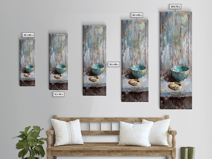Turquoise Bowl With Gold Ring Oil Painting Canvas Print, Wabi Sabi Wall Art, Rustic Boho Home Decor, Unique Gift For Her