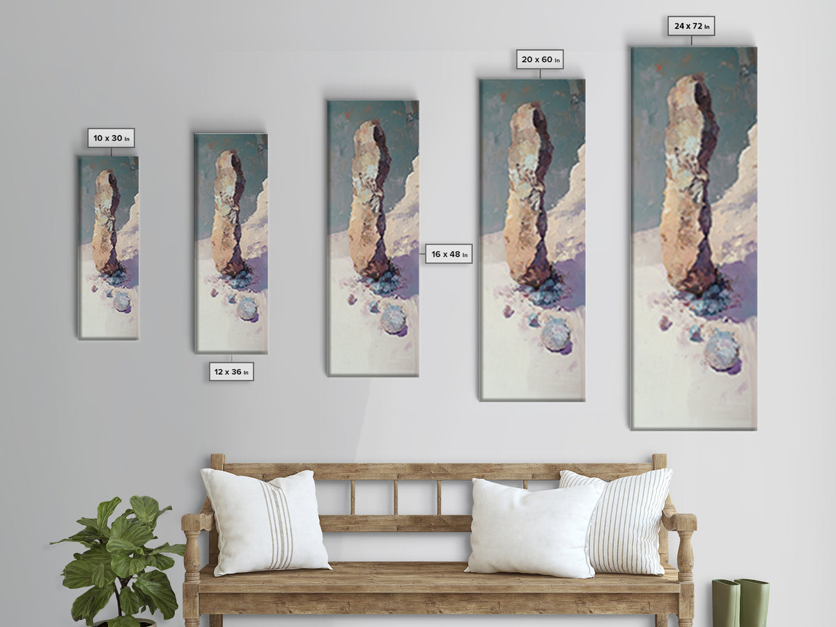 Snowy Standing Stone Impasto Landscape Canvas Print, Minimalist Winter Wall Art, Neutral Nature Decor, Calm Office Art Print