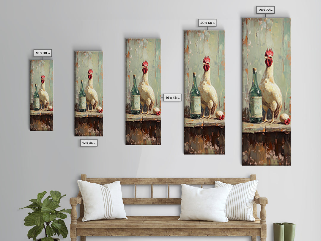 Rustic White Rooster And Green Bottle Framed Canvas Print, Farmhouse Kitchen Wall Art, Country Decor, Chicken Lover Gift