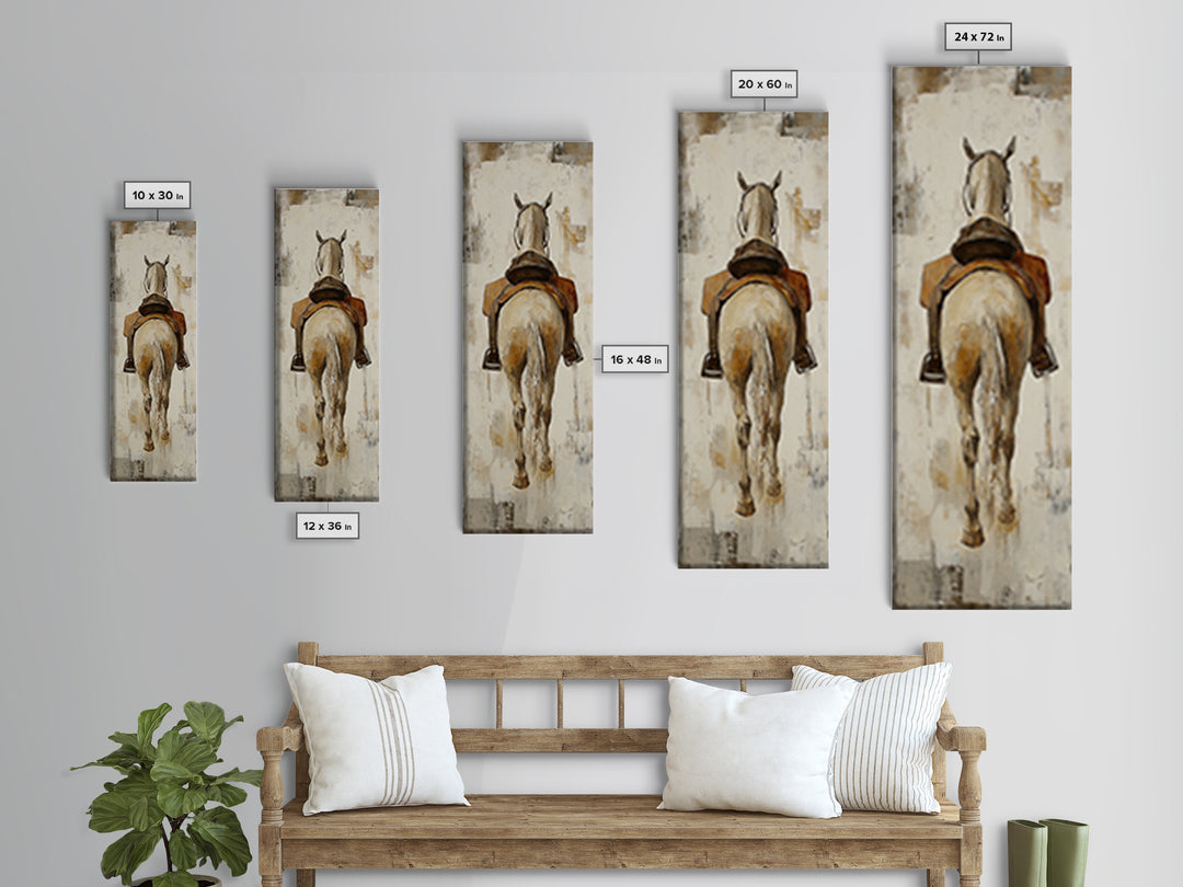 Saddled White Horse From Behind Framed Canvas Print, Equestrian Wall Art, Western Farmhouse Decor, Gift For Horse Lovers