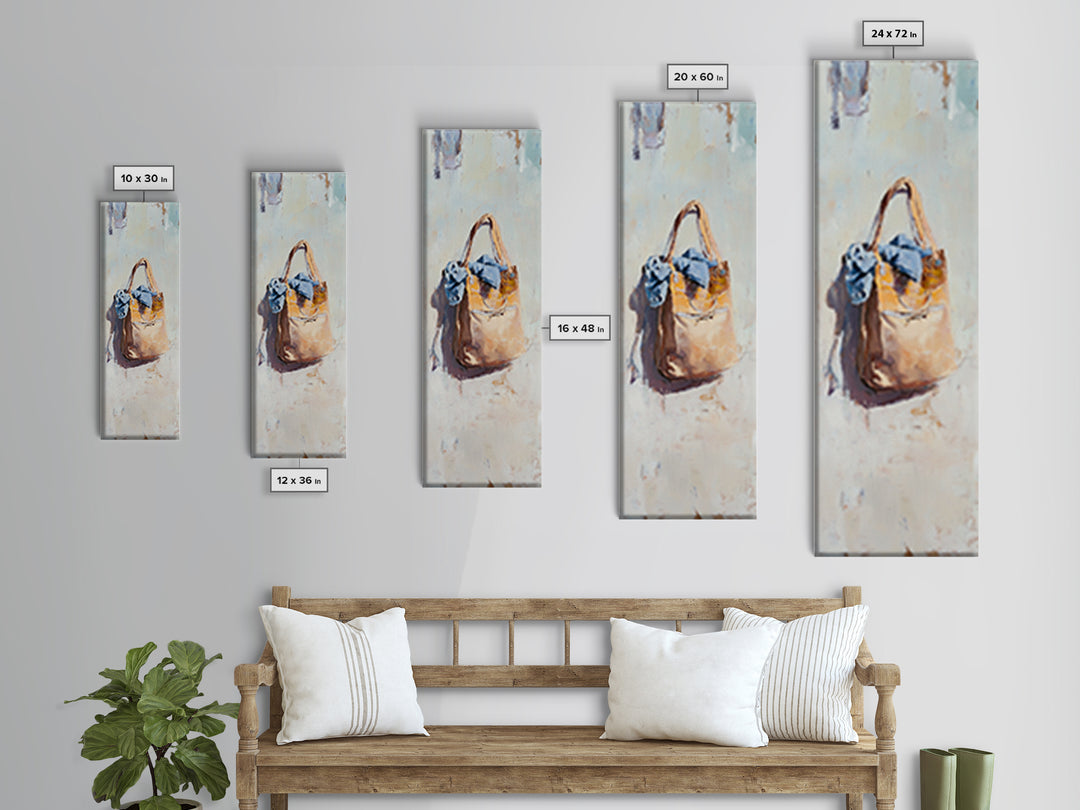 Hanging Tan Tote Bag With Blue Scarf Canvas Print, Fashion Wall Art, Feminine Bedroom Decor, Chic Closet Wall Decor, Gift For Her