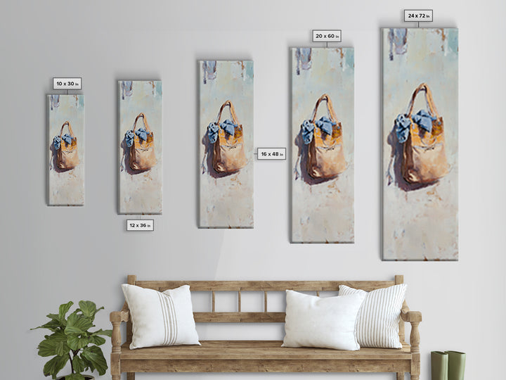 Hanging Tan Tote Bag With Blue Scarf Canvas Print, Fashion Wall Art, Feminine Bedroom Decor, Chic Closet Wall Decor, Gift For Her