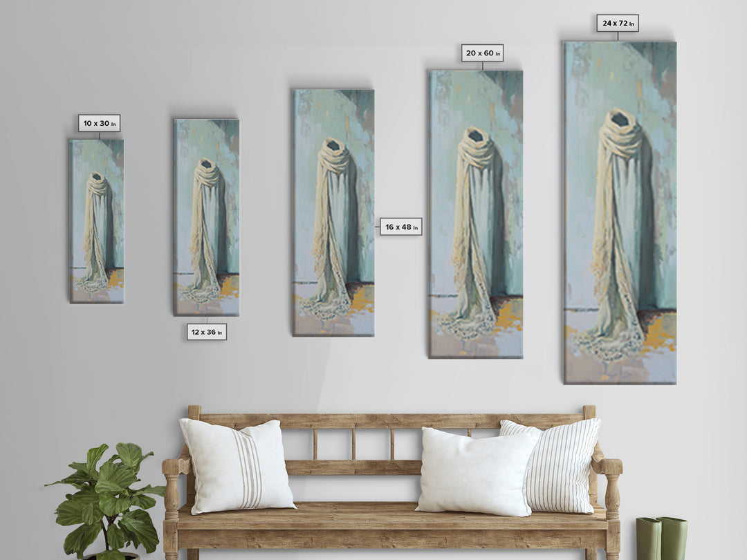 Draped White Scarf On Blue Wall Canvas Print, Minimalist Textile Wall Art, Neutral Bedroom Decor, Soft Wabi Sabi Art, Calming Decor