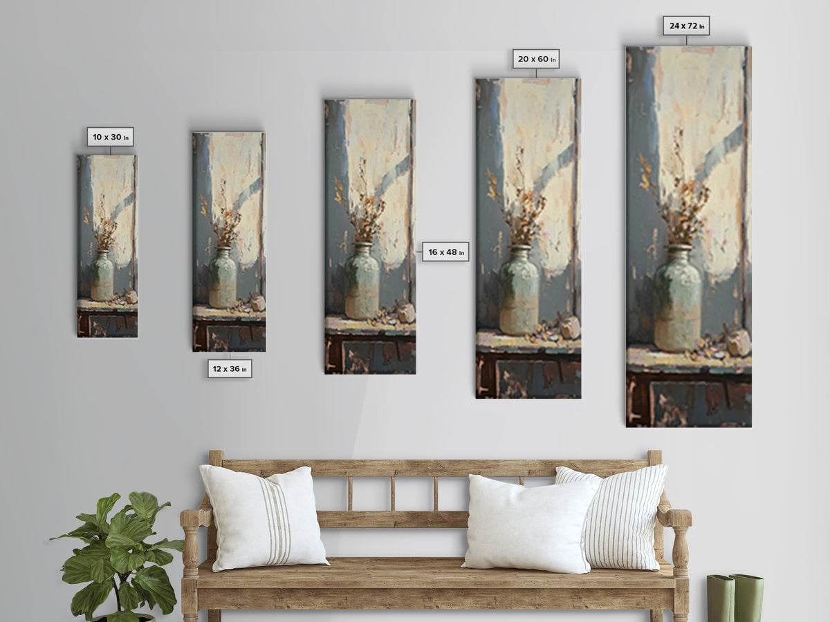 Pale Ceramic Vase With Dried Flowers Canvas Print, Rustic Botanical Wall Art, Neutral Farmhouse Decor, Window Still Life