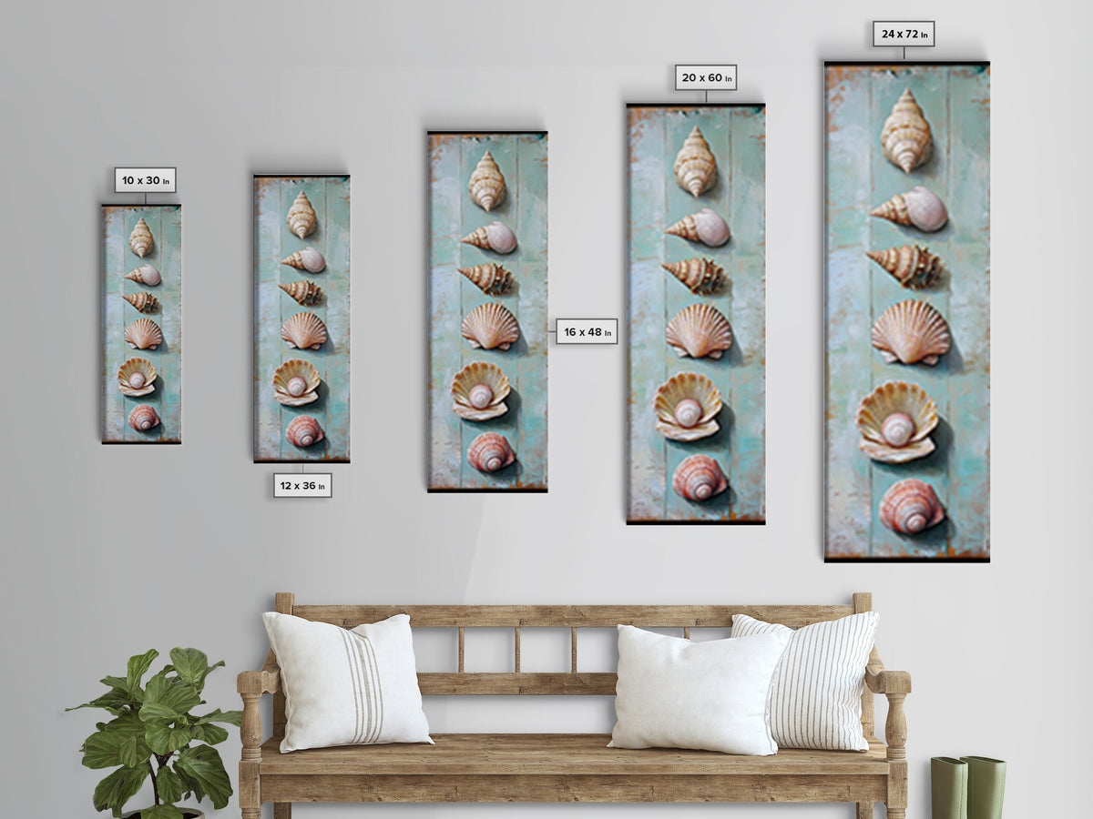 Six Seashells On Turquoise Wood Framed Canvas Print, Coastal Wall Art, Beach House Decor, Nautical Bathroom Wall Decor, Ocean Print