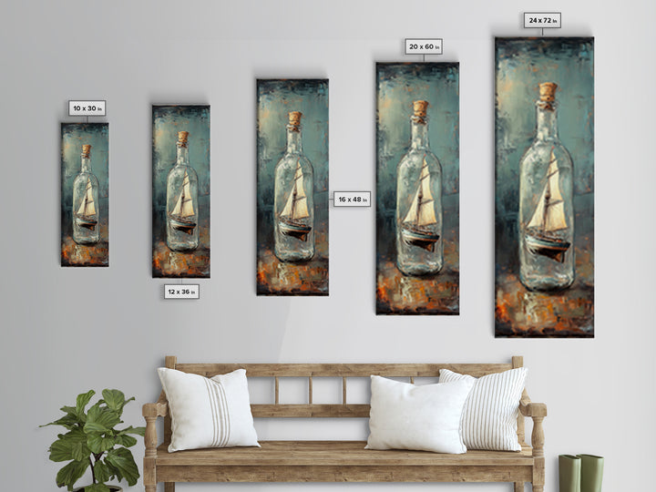 Ship In A Glass Bottle Framed Canvas Print, Nautical Wall Art, Coastal Home Decor, Lake House Decor, Ocean Wall Decor, Sailboat Art