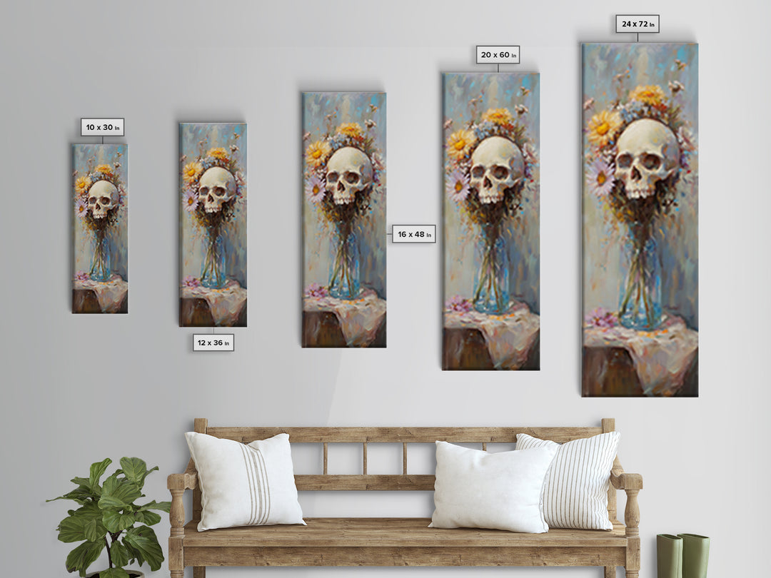 Floral Skull In Glass Vase Wall Art, Gothic Memento Mori Still Life Canvas, Dark Academia Decor, Moody Floral Gift For Her