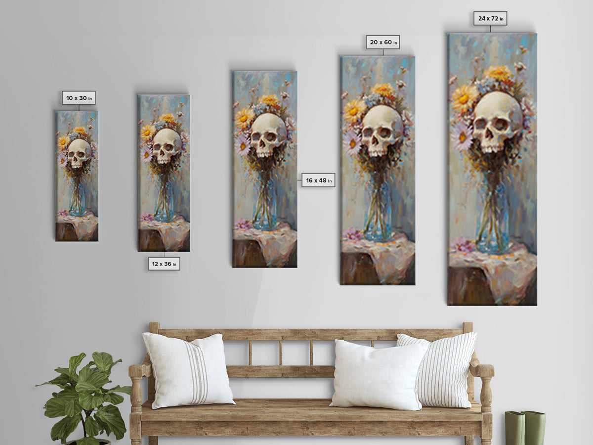 Floral Skull In Glass Vase Wall Art, Gothic Memento Mori Still Life Canvas, Dark Academia Decor, Moody Floral Gift For Her