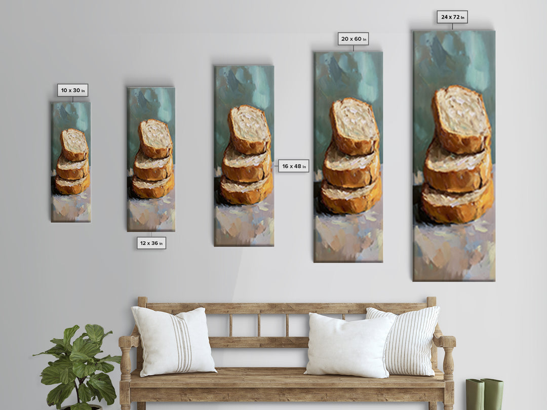 Stacked Crusty Bread Slices Canvas Print, Rustic Kitchen Wall Art, Food Still Life Painting, Bakery Decor Gift For Foodie