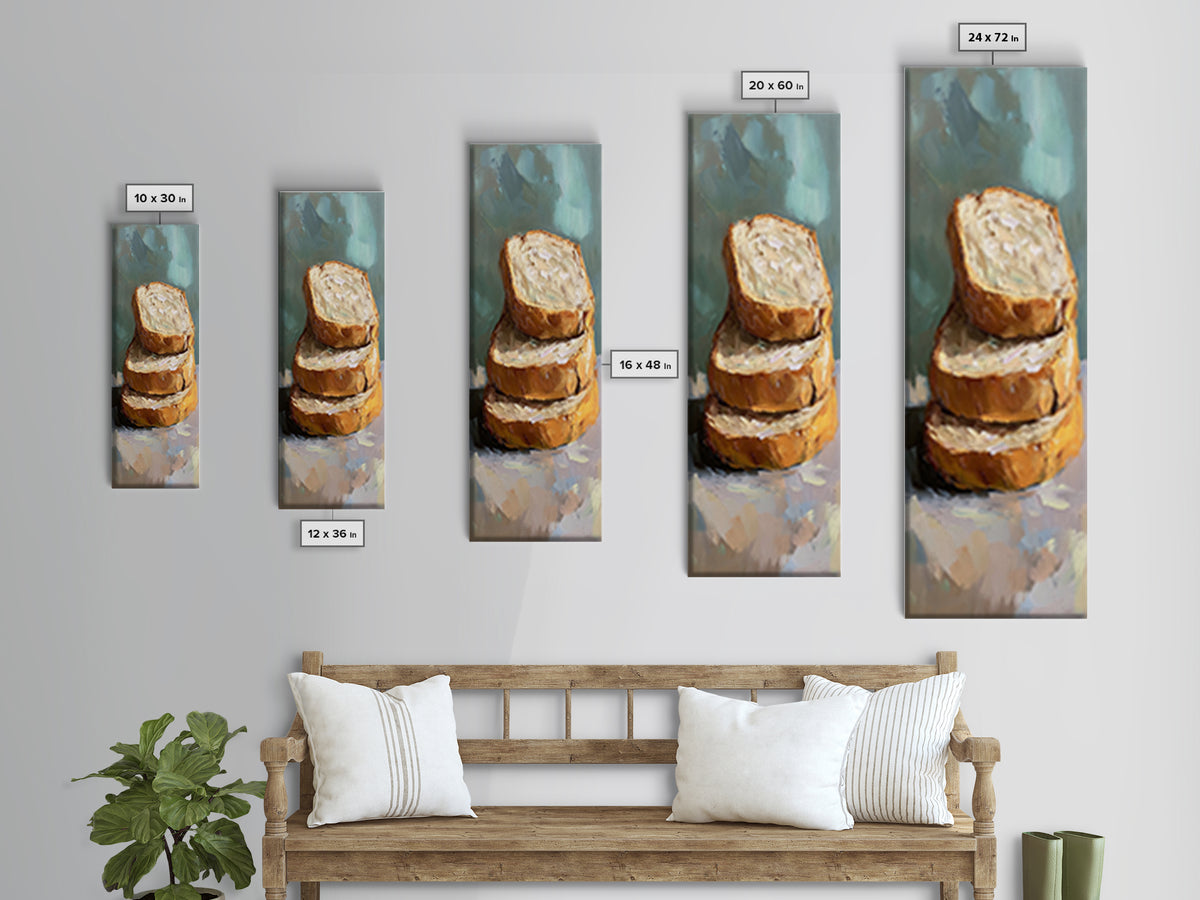 Stacked Crusty Bread Slices Canvas Print, Rustic Kitchen Wall Art, Food Still Life Painting, Bakery Decor Gift For Foodie
