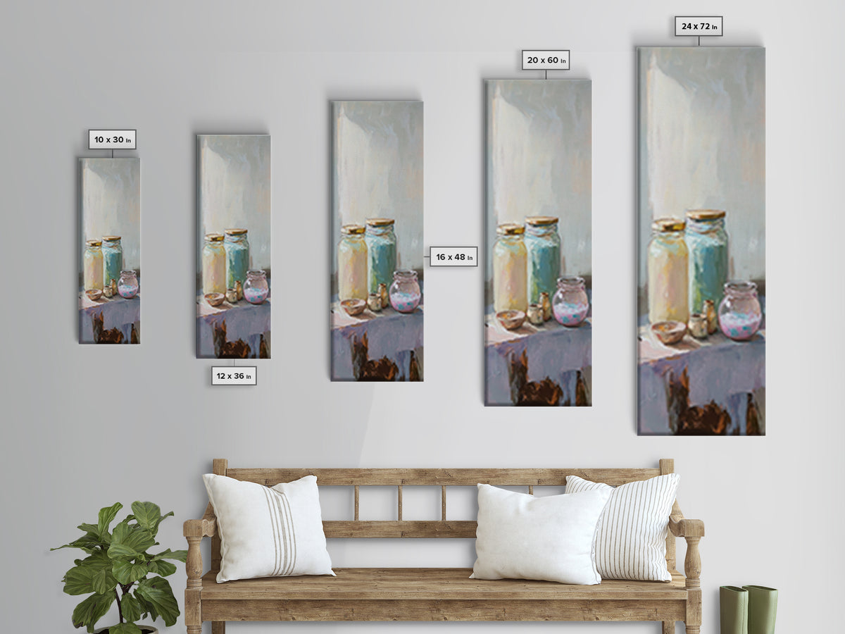 Pastel Glass Jars And Bottles Wall Art, Minimalist Still Life Canvas Print, Soft Kitchen Decor, Modern Home Decor, Housewarming Gift