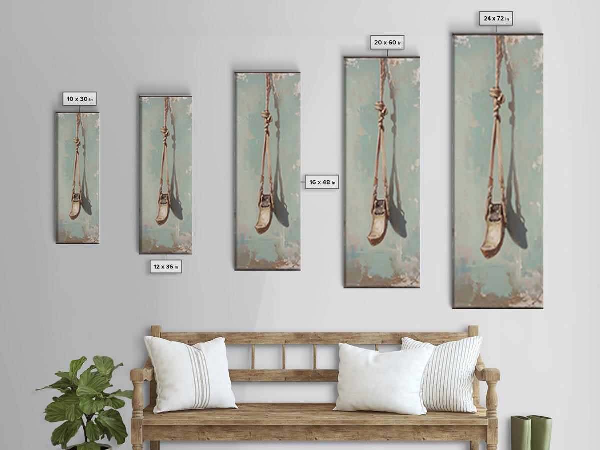 Weathered Rope Swing On Blue Wall Art, Rustic Minimalist Canvas Print, Nostalgic Nursery Or Patio Decor Housewarming Gift