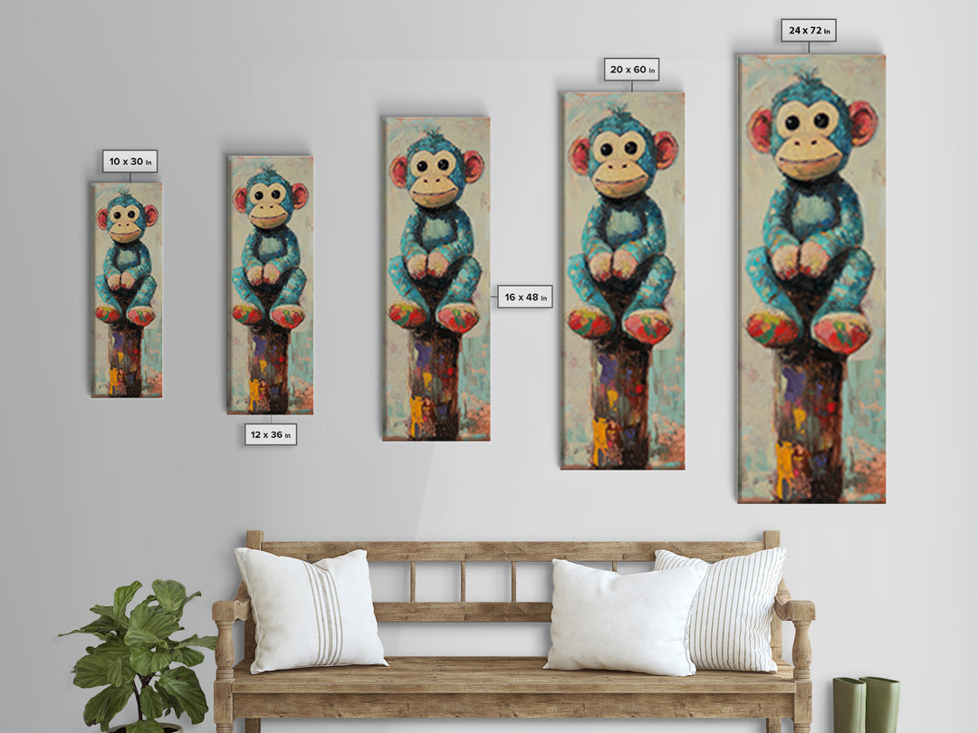 Whimsical Blue Monkey Toy Wall Art, Cute Animal Nursery Decor, Kids Room Canvas Print, Playroom Decor And Baby Shower Gift
