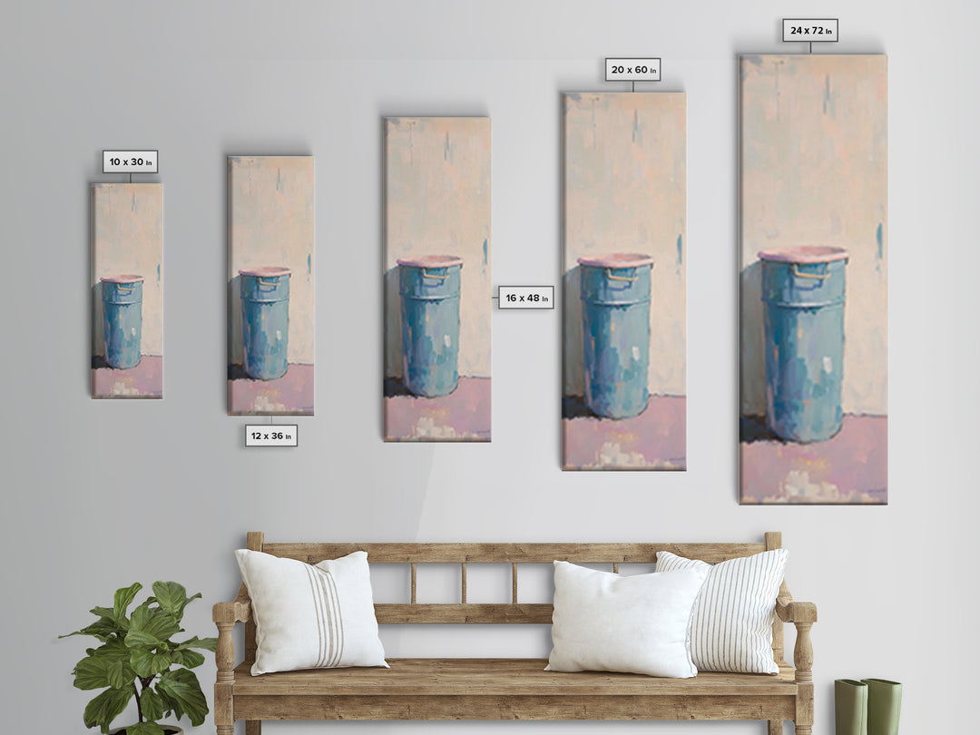 Minimal Blue Barrel Still Life Wall Art, Rustic Farmhouse Decor, Modern Canvas Print, Neutral Kitchen Art, Contemporary Painting