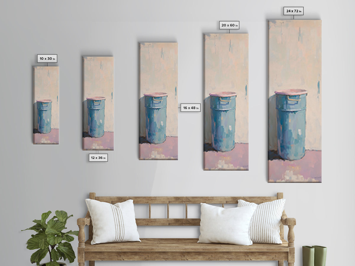 Minimal Blue Barrel Still Life Wall Art, Rustic Farmhouse Decor, Modern Canvas Print, Neutral Kitchen Art, Contemporary Painting