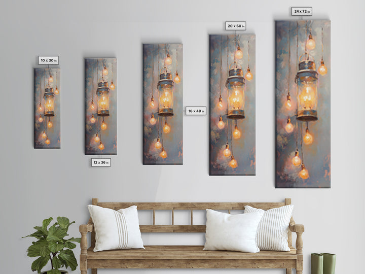 Glowing Mason Jar Lanterns Framed Canvas Print, Rustic Wall Art, Farmhouse Lighting Decor, Cozy Kitchen Wall Decor Gift Idea