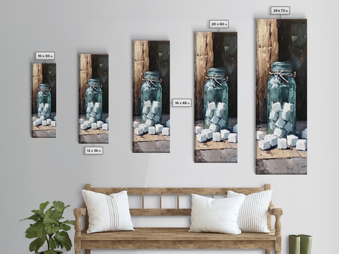 Blue Mason Jar With Sugar Cubes Canvas Print, Rustic Kitchen Wall Art, Farmhouse Decor, Coffee Bar Art, Sweet Still Life