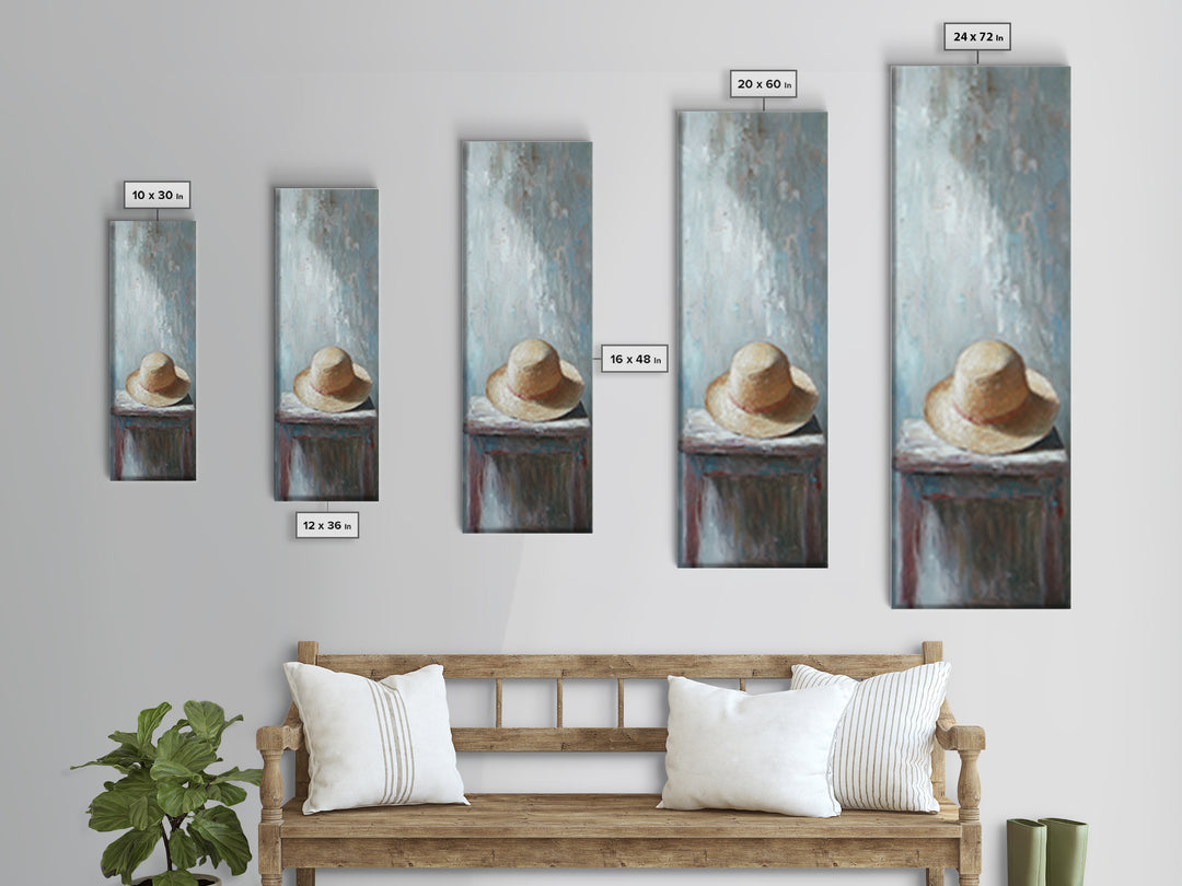 Straw Sun Hat On Weathered Table Canvas Print, Coastal Wall Art, Rustic Bedroom Decor, Neutral Farmhouse Home Decor Gift