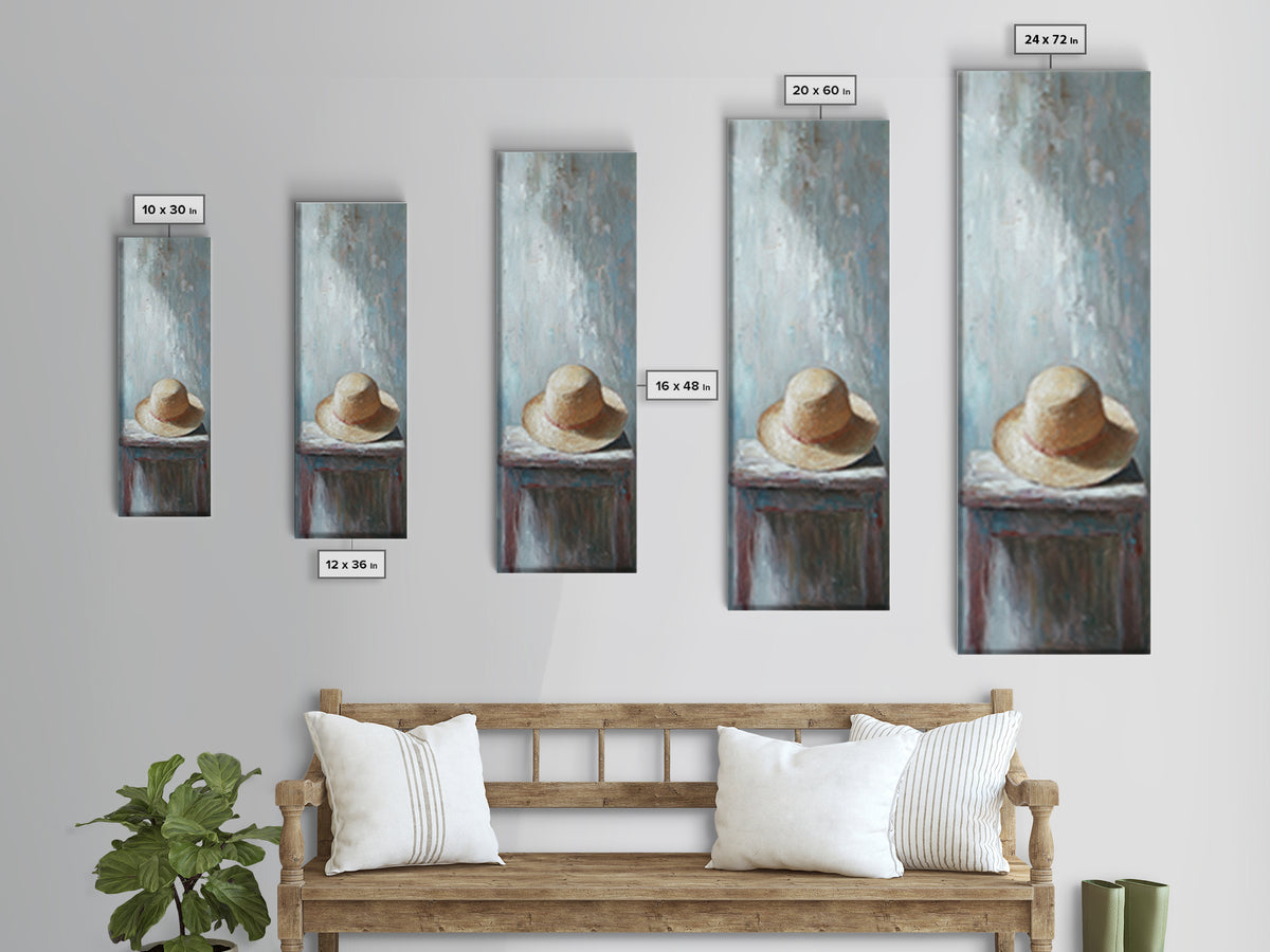 Straw Sun Hat On Weathered Table Canvas Print, Coastal Wall Art, Rustic Bedroom Decor, Neutral Farmhouse Home Decor Gift