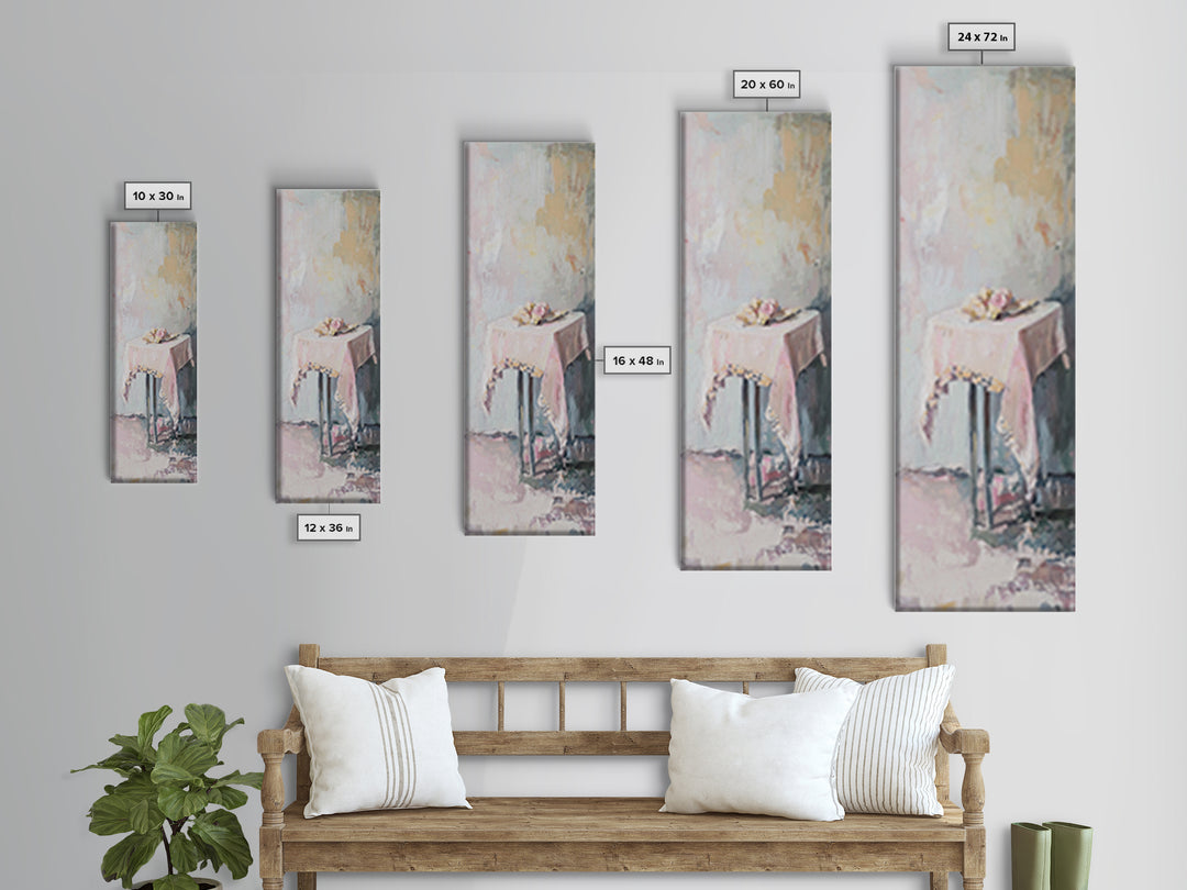Pastel Pink Draped Table With Teacup Wall Art, Minimalist Canvas Print, Soft Abstract Still Life, Feminine Bedroom Decor