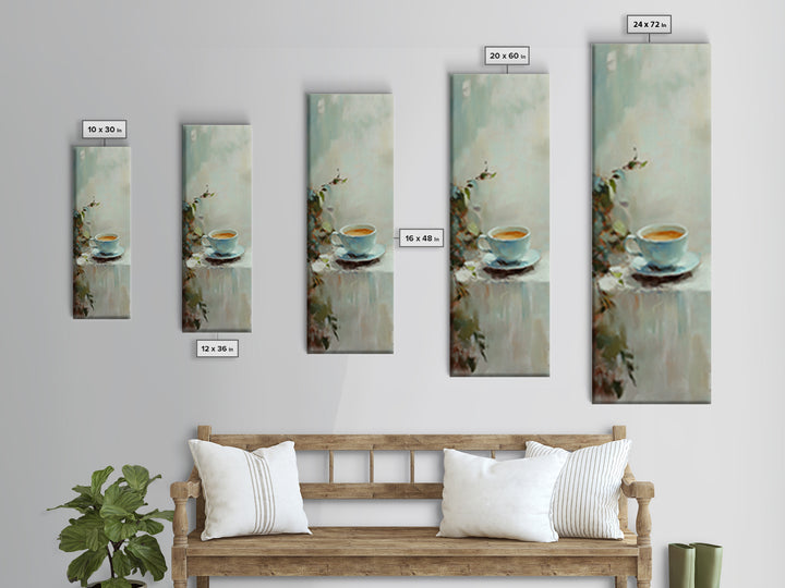 Blue Coffee Cup With Soft Green Foliage Wall Art, Minimalist Kitchen Decor, Cozy Cafe Print, Neutral Home Decor, Gift For Her