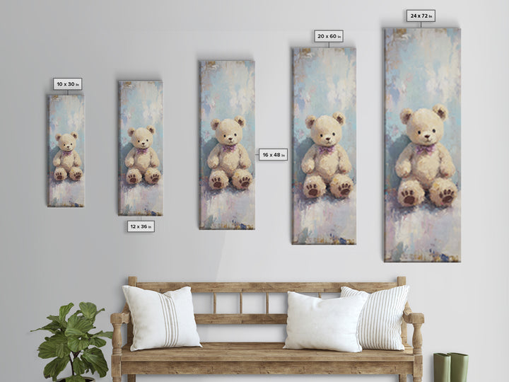 Cream Teddy Bear With Purple Bow Framed Canvas Print, Nursery Wall Art, Whimsical Animal Decor, Baby Shower Gift, Kids Room Decor