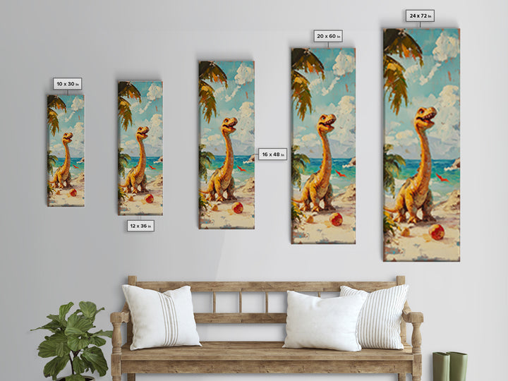 Cheerful Dinosaur On Tropical Beach Canvas Print, Whimsical Nursery Decor, Coastal Kids Room Art, Cute Animal Wall Decor