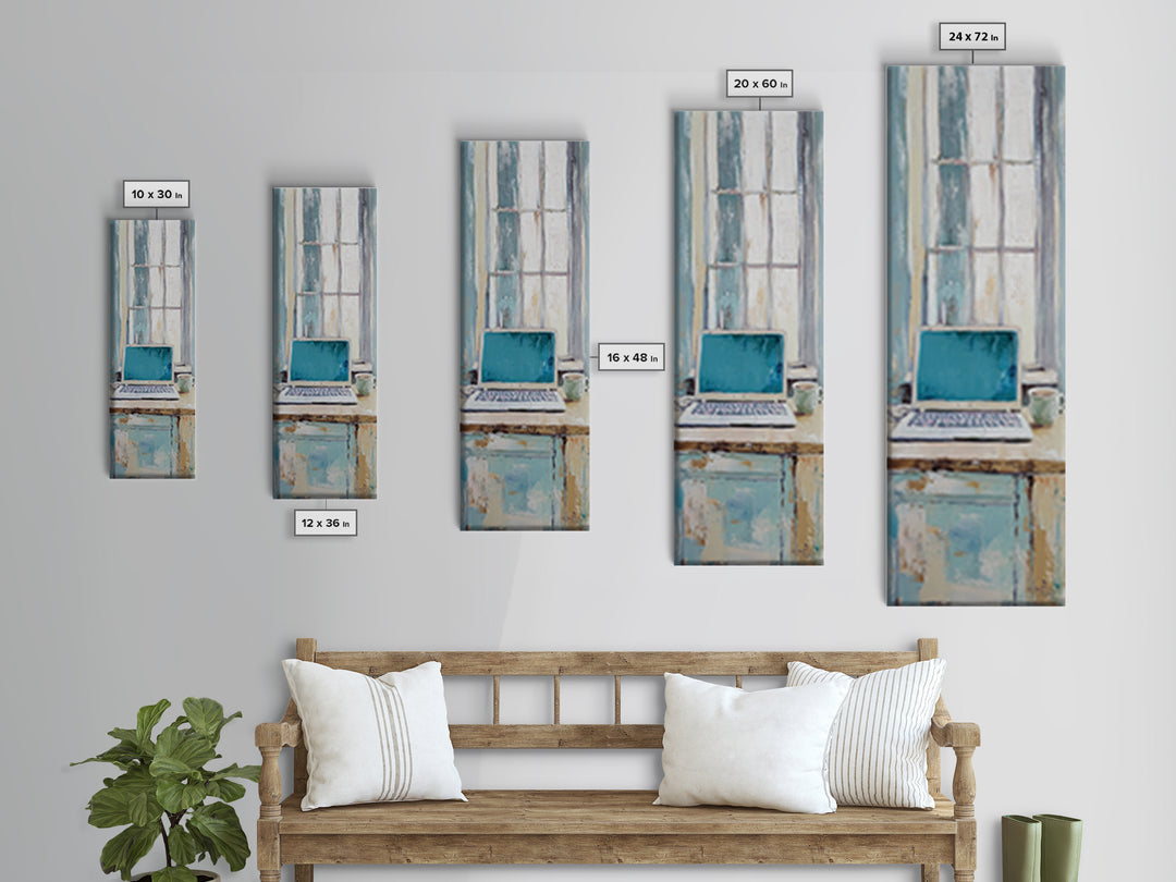Blue Laptop By Bright Window Wall Art, Home Office Decor, Minimalist Desk Art Print, Modern Work From Home Canvas Art Decor