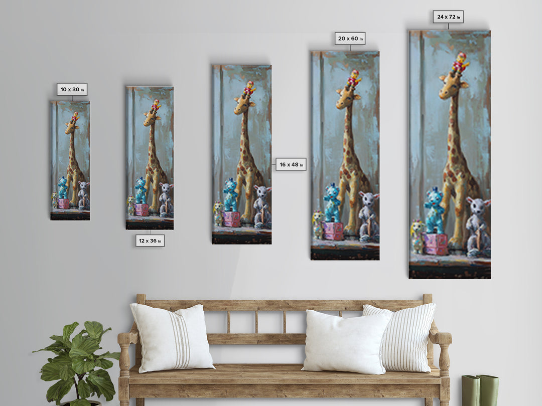 Whimsical Giraffe And Teddy Bear Framed Canvas Print, Nursery Wall Art, Kids Room Decor, Safari Animal Baby Shower Gift Idea