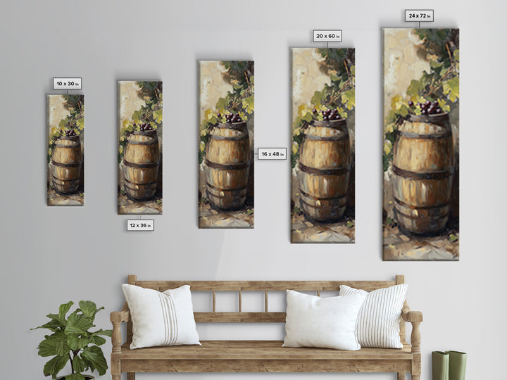 Sunlit Wine Barrel With Grapes Wall Art, Vineyard Canvas Print, Rustic Winery Kitchen Decor, Tuscan Farmhouse Gift For Dining Room