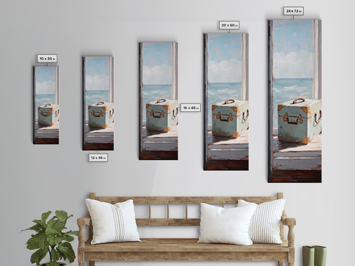 Blue Suitcase Ocean Window Canvas Print, Coastal Wall Art, Beach House Decor, Travel Inspired Living Room Wall Decor Gift