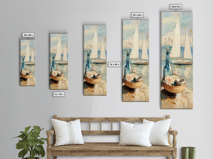 Sailboat Seaside Still Life Framed Canvas Print, Coastal Wall Art, Beach House Decor, Nautical Living Room Wall Decor Gift