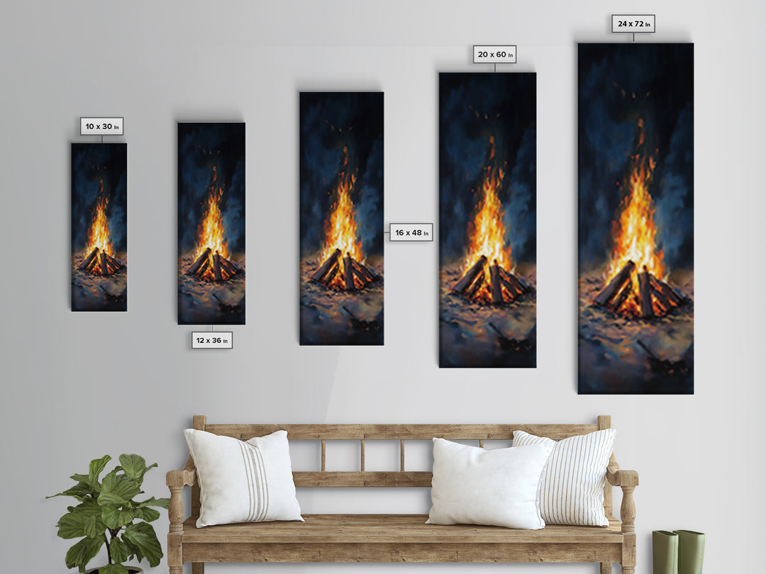 Glowing Campfire Night Landscape Wall Art, Rustic Cabin Decor, Moody Nature Art Print, Cozy Winter Living Room Decor Gift