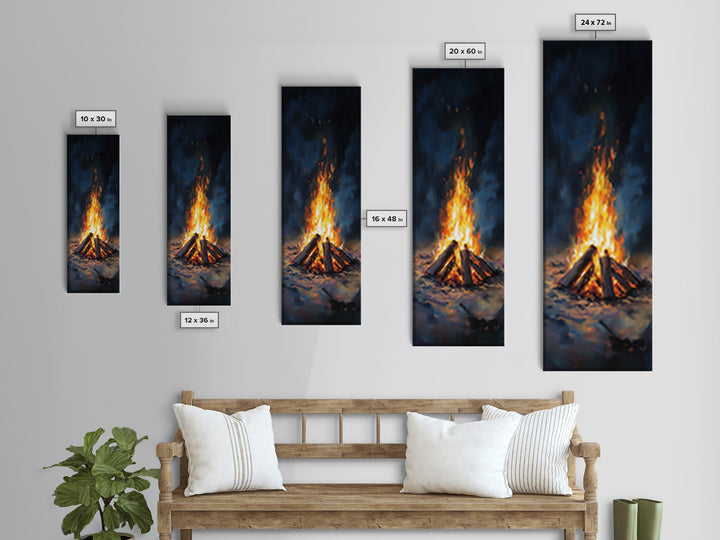 Glowing Campfire Night Landscape Wall Art, Rustic Cabin Decor, Moody Nature Art Print, Cozy Winter Living Room Decor Gift