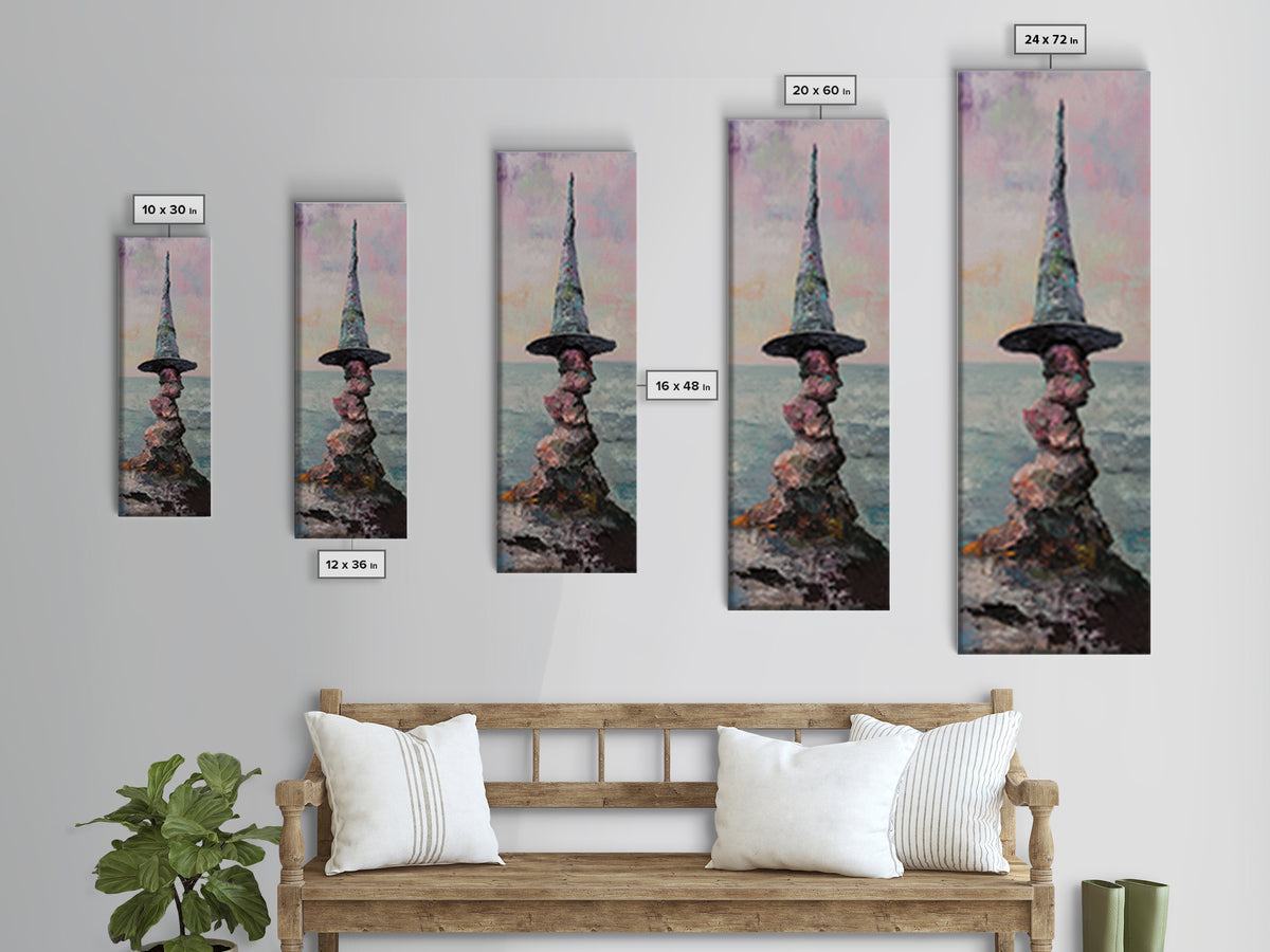 Whimsical Wizard Hat Rock Tower Wall Art, Fantasy Seascape, Surreal Art Print, Magical Coastal Decor, Unique Gift, Living Room Decor