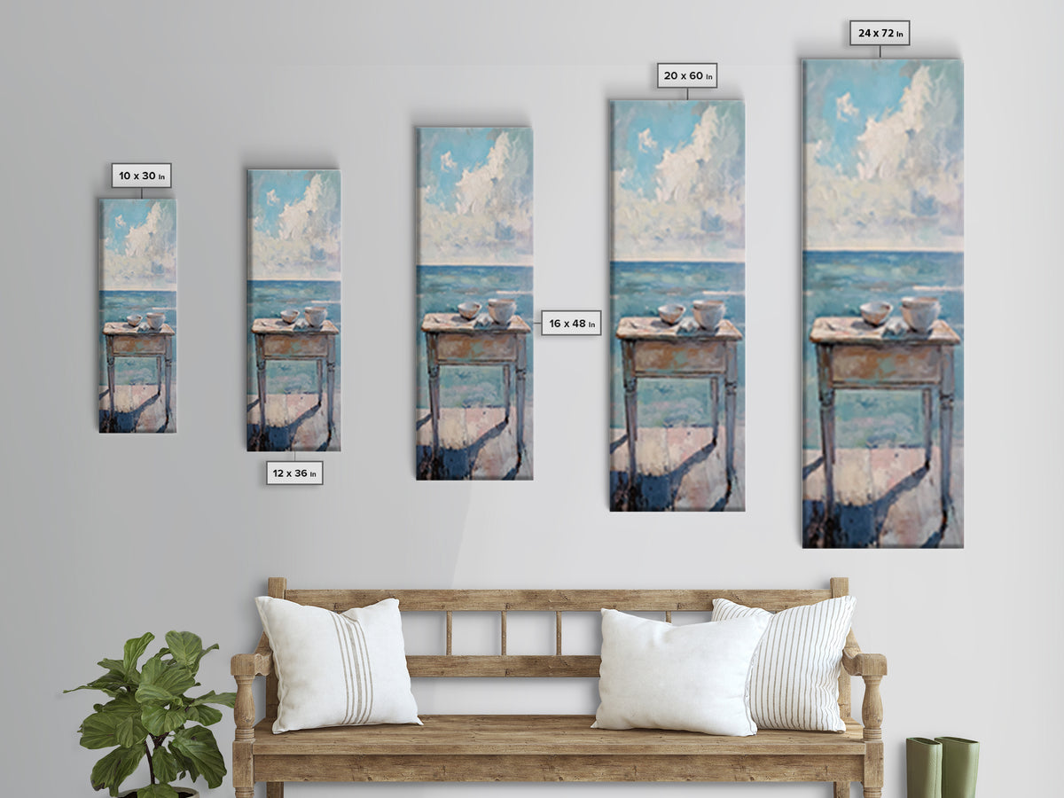 Two Teacups By The Sea Coastal Still Life Wall Art, Ocean Canvas Wall Decor, Beach House Living Room Decor, Neutral Seascape Kitchen Print