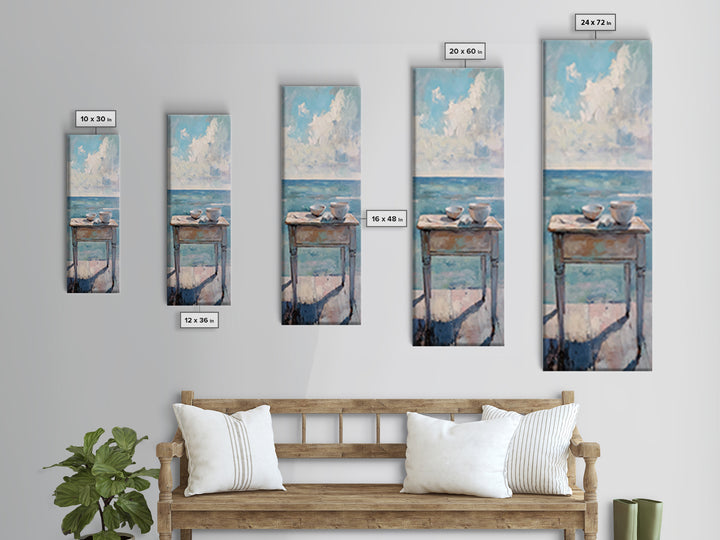 Two Teacups By The Sea Coastal Still Life Wall Art, Ocean Canvas Wall Decor, Beach House Living Room Decor, Neutral Seascape Kitchen Print