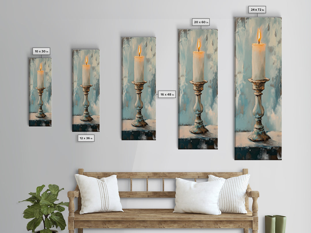 Lit Candle On Antique Holder Framed Canvas Print, Moody Still Life Wall Art For Rustic Home Decor, Spiritual Gift, Housewarming Gift