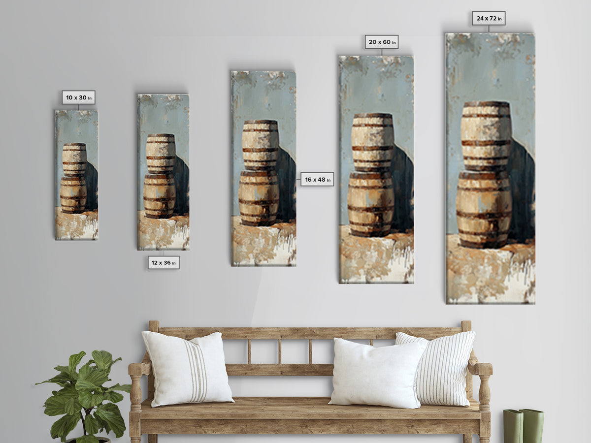 Rustic Wooden Barrels Still Life Wall Art, Farmhouse Winery Decor, Country Framed Canvas Print, Housewarming Gift Home Decor