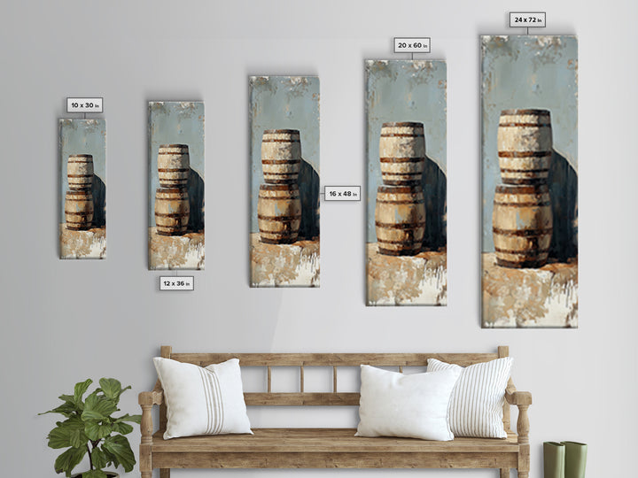 Rustic Wooden Barrels Still Life Wall Art, Farmhouse Winery Decor, Country Framed Canvas Print, Housewarming Gift Home Decor
