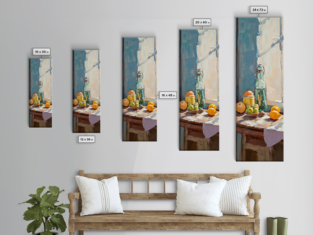 Sunlit Lemons And Glass Bottle Wall Art, Mediterranean Kitchen Decor, Citrus Still Life Canvas Print, Dining Room Art Print
